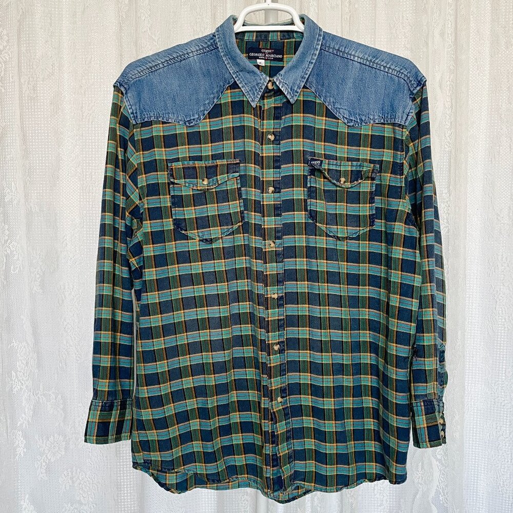 Vintage Guess Men's Pearl Snap Shirt XL Plaid Long Sleeve Denim Flannel *Hole*